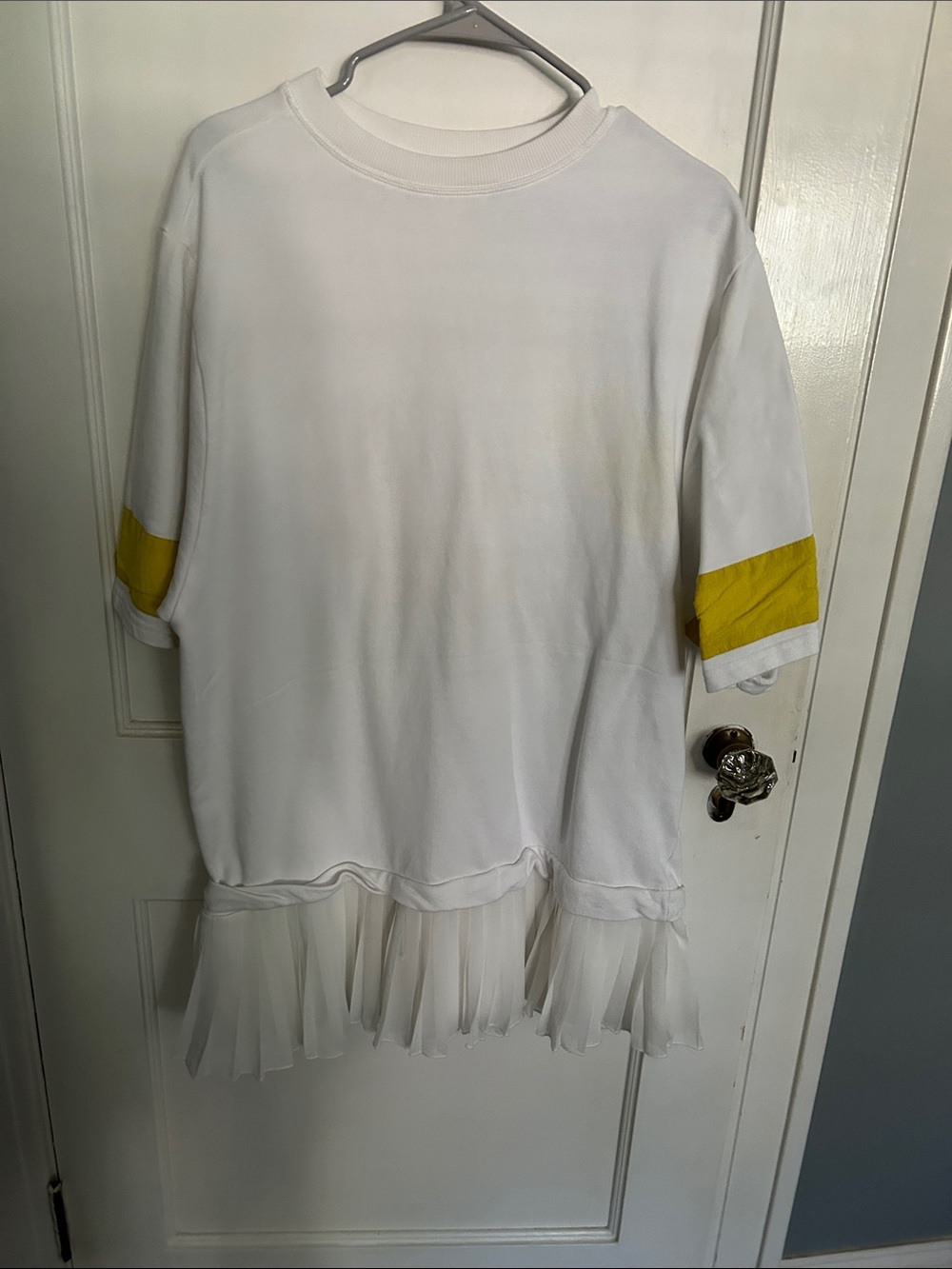 White Mini Dress with Yellow Sleeve Bands and Pleated Hem